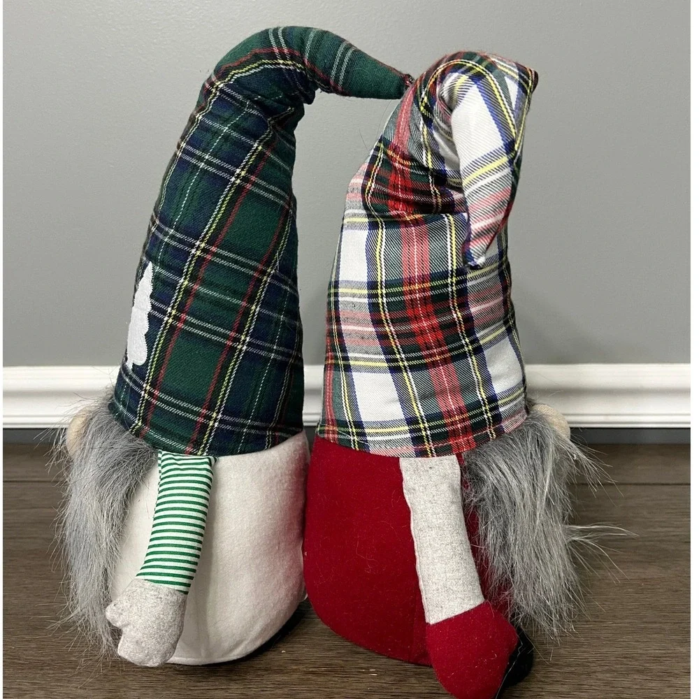 Holiday Gnomes Christmas Plush Shelf Sitters‎ Decor Plaid Hats Set of 2